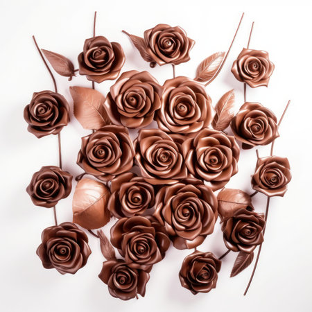 Bouquet of brown roses on a white background. Top view.の写真素材