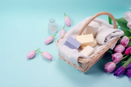Basket with soap and tulips on a blue background. Copy-space.の写真素材