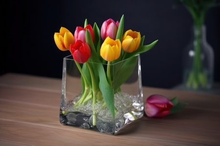Tulips in a glass vase on a wooden table.の写真素材