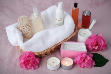 Spa still life with towels, soap, candles and flowers on pink backgroundの写真素材
