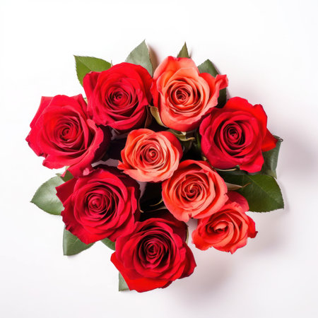 Bouquet of red roses on white background. Top view.の写真素材