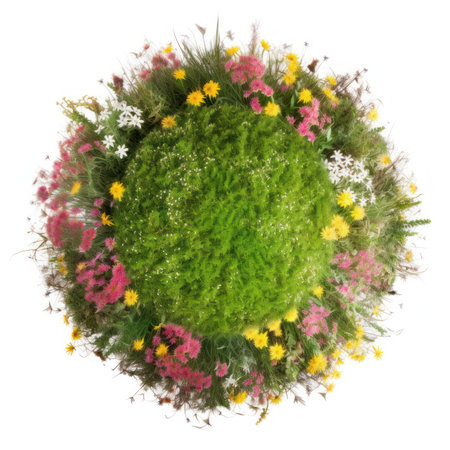round grassland with flowers isolated on white background. 3d illustrationの写真素材