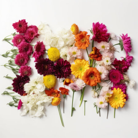 Flower arrangement on white background. Flat lay, top view.の写真素材