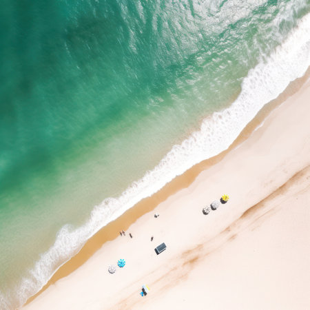 Aerial view of beautiful tropical beach with turquoise water and sandの写真素材
