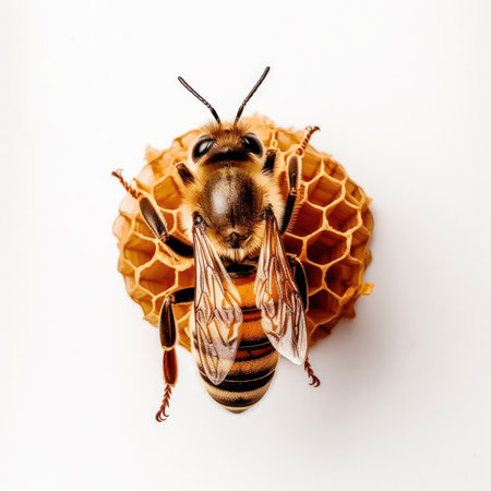 Bee on a honeycomb isolated on a white background. Macro.の写真素材