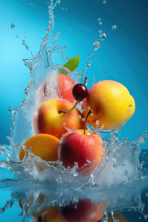 Fruit splashing into water on blue background, close-upの写真素材