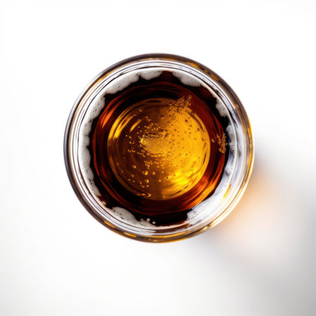 Glass of whiskey isolated on white background. Top view. Close-up.の写真素材