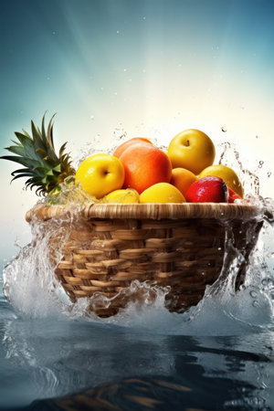 Fruits in a basket with water splashes on blue background.の写真素材
