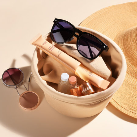 Flat lay composition with cosmetic products and straw hat on light backgroundの写真素材