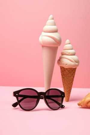 Ice cream cone with sunglasses on pink background. Minimal styling.の写真素材