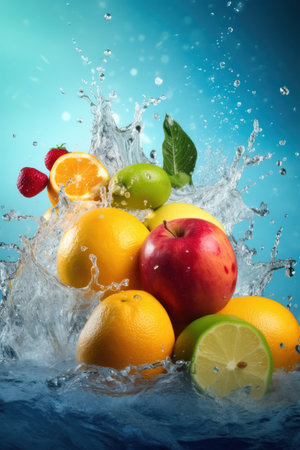 Fruit splashing in water on blue background. Healthy food.の写真素材