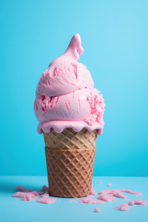 Pink ice cream in a waffle cone on a blue background.の写真素材