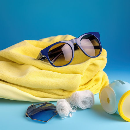 Sunglasses, sunglasses, towel and sunscreen on a blue backgroundの写真素材