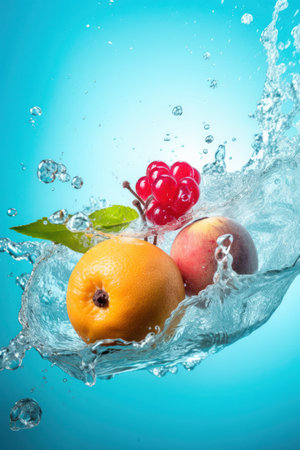 Fruit splashing in water on blue background. Healthy food concept.の写真素材