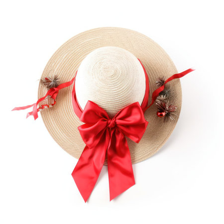 Straw hat with red ribbon and bow isolated on white background.の写真素材