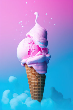 Ice cream in a waffle cone on a blue and pink backgroundの写真素材
