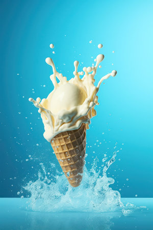 Ice cream in a waffle cone with a splash on blue backgroundの写真素材