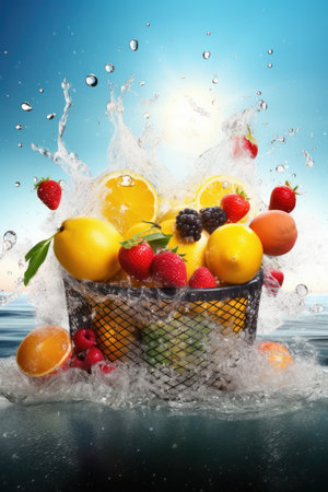 Fruit in a basket with splashing water on blue sky backgroundの写真素材
