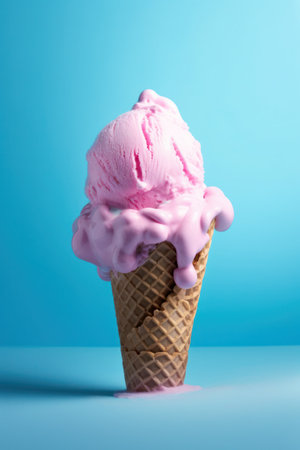Pink ice cream in waffle cone on blue background with copy spaceの写真素材