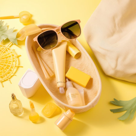 Flat lay composition with cosmetic products and beach bag on yellow backgroundの写真素材