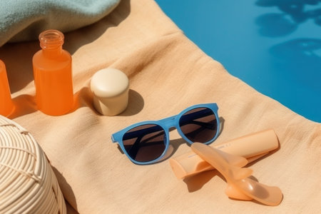 Sunglasses, sunblock lotion and seashells on beach towel near swimming poolの写真素材