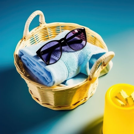 Wicker basket with towels, sunglasses and detergent on blue backgroundの写真素材