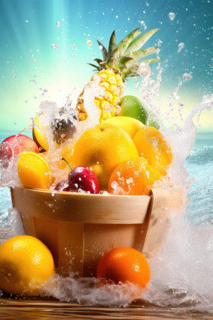 Fruits in a bucket with splashes on the background of the seaの写真素材