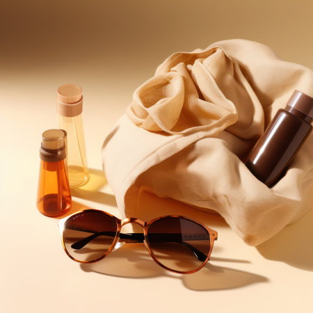 Sunglasses, perfume bottle and scarf on a beige backgroundの写真素材