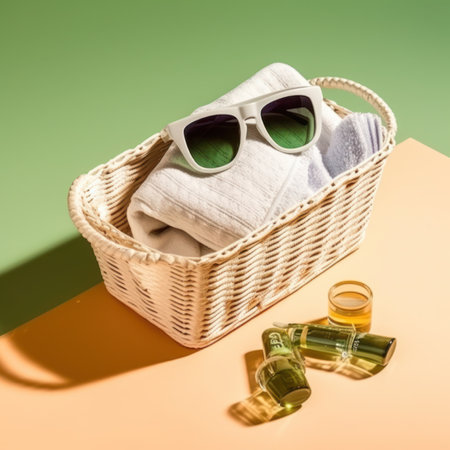Wicker basket with towels, sunglasses and oil on a green backgroundの写真素材