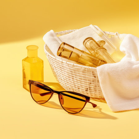 Sunglasses, cosmetic bottles and towel in a basket on yellow backgroundの写真素材