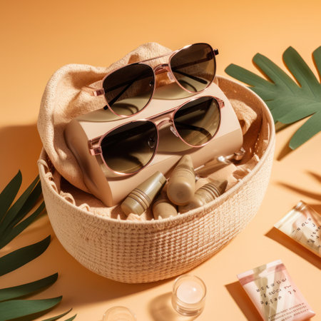 Composition with sun glasses, cosmetic products and palm leaves on color backgroundの写真素材