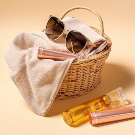 Wicker basket with cosmetic products and sunglasses on a beige backgroundの写真素材
