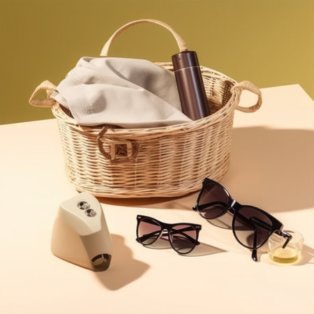 Wicker basket with sun glasses, sunglasses, sunscreen and a bottle of sunscreen on the tableの写真素材