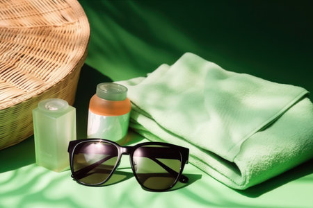 Sunscreen lotion, sunglasses and towel on a green background.の写真素材