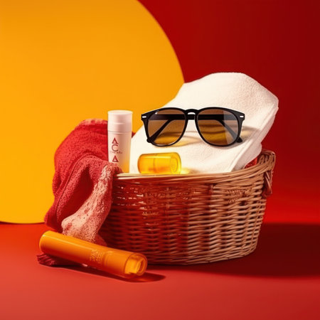 Basket with sunscreen, sunglasses and towel on a red background.の写真素材