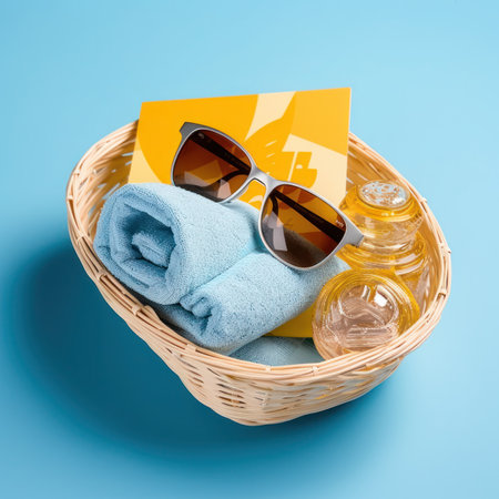 Wicker basket with towels, sun glasses and bottle of oil on blue backgroundの写真素材