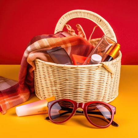 Wicker basket with cosmetics, towels and sunglasses on orange and red backgroundの写真素材