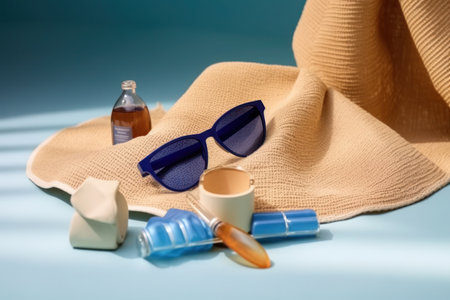 Beach accessories on blue background. Sunglasses, sunblock, cream and sunscreen