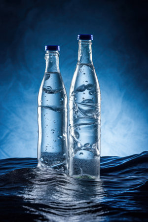 Bottles of water on a dark blue background with water drops.の写真素材