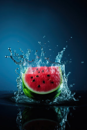 Watermelon with water splashes on dark blue background with copy spaceの写真素材