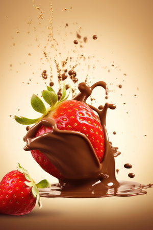strawberries with chocolate splash on beige background, closeupの写真素材