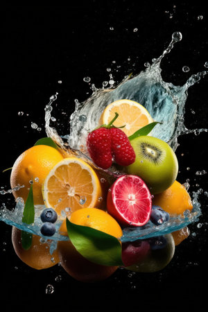 Fruit splashing into water on black background. Fresh fruit.の写真素材