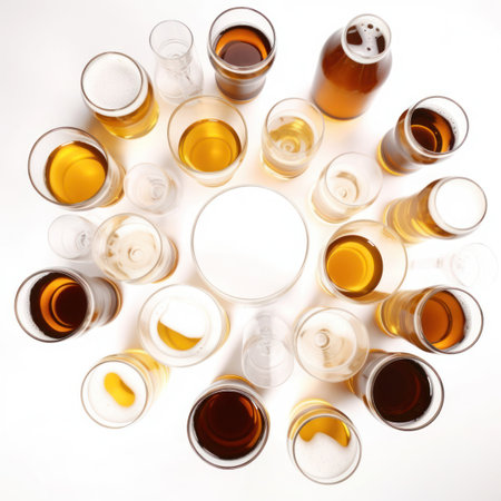Beer glasses arranged in a circle on white background. Top view.の写真素材
