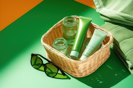 set of cosmetic products in a basket on a green and orange backgroundの写真素材