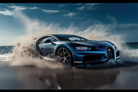 beautiful blue car along the beach with splash water effectの写真素材