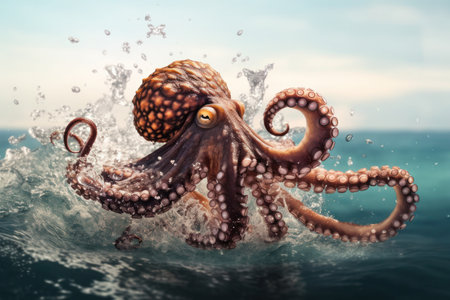 octopus in sea with splash effect, sea backgroundの写真素材