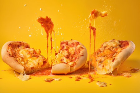 cheezy pizza isolated in a yellow backgroundの写真素材