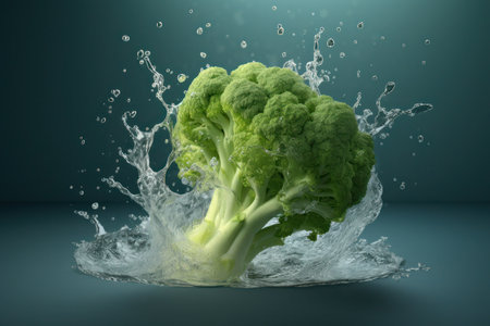 vegetables, broccoli isolated on a green background with water splash effectの写真素材