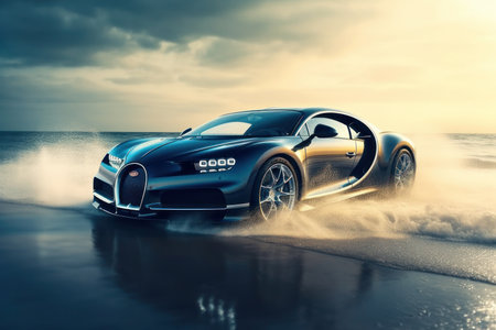 beautiful car along the beach with splash water effectの写真素材