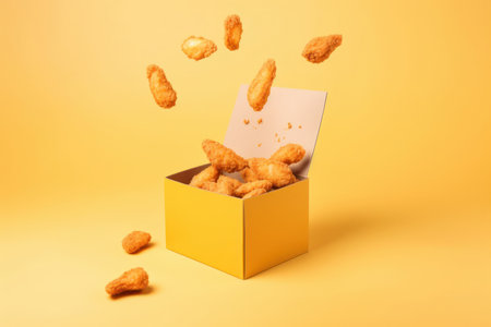 box of chicken isolated on yellow background, splash explosion effectの写真素材